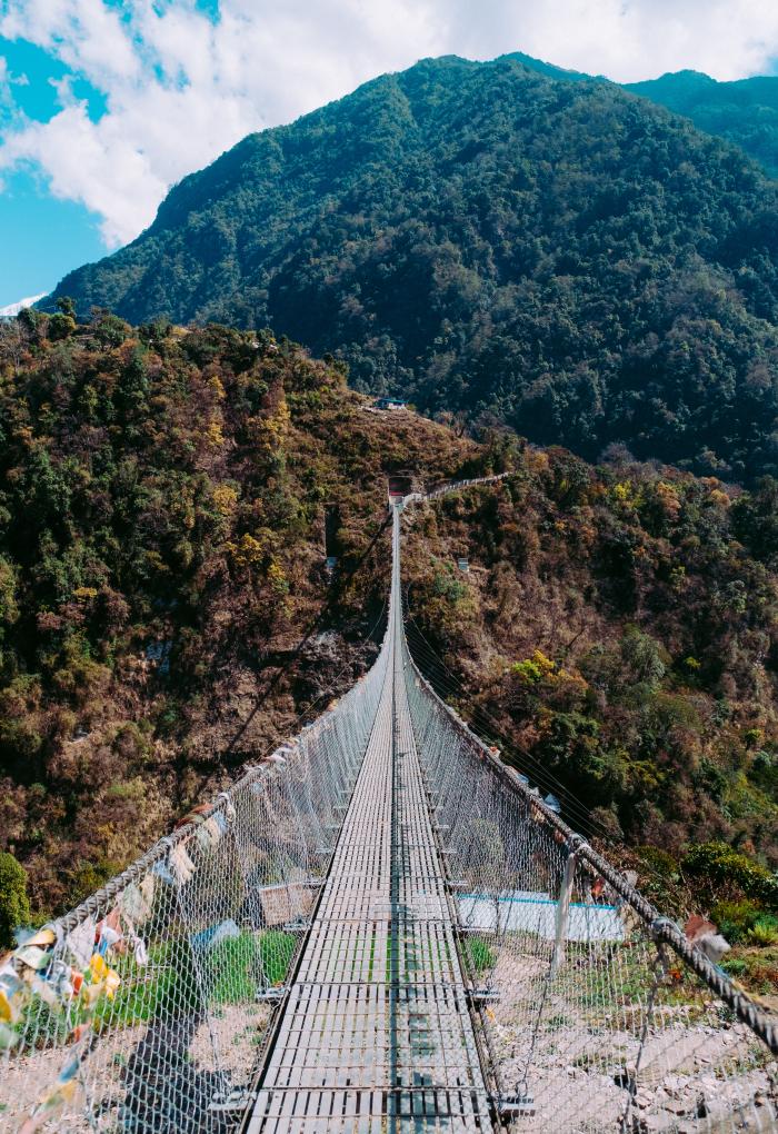 A shot down a long chain bridge on the way to the Annapurna Base Camp.